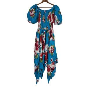 Bright Blue Hawaiian Dress Asymmetrical Hem Fairy Hibiscus Flower Resort Small
